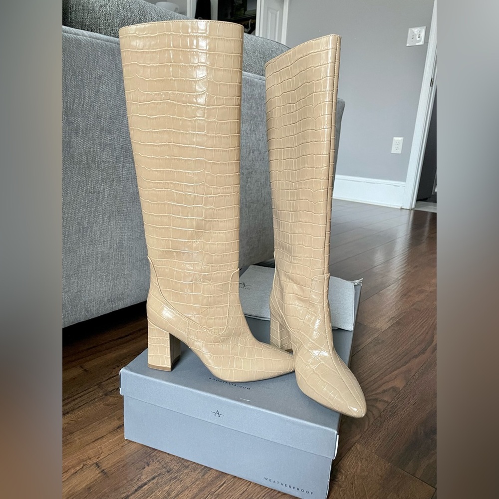 Aquatalia Patton Croc Embossed Tall Heeled Boot, size 7.5, color beige - Picture 2 of 8